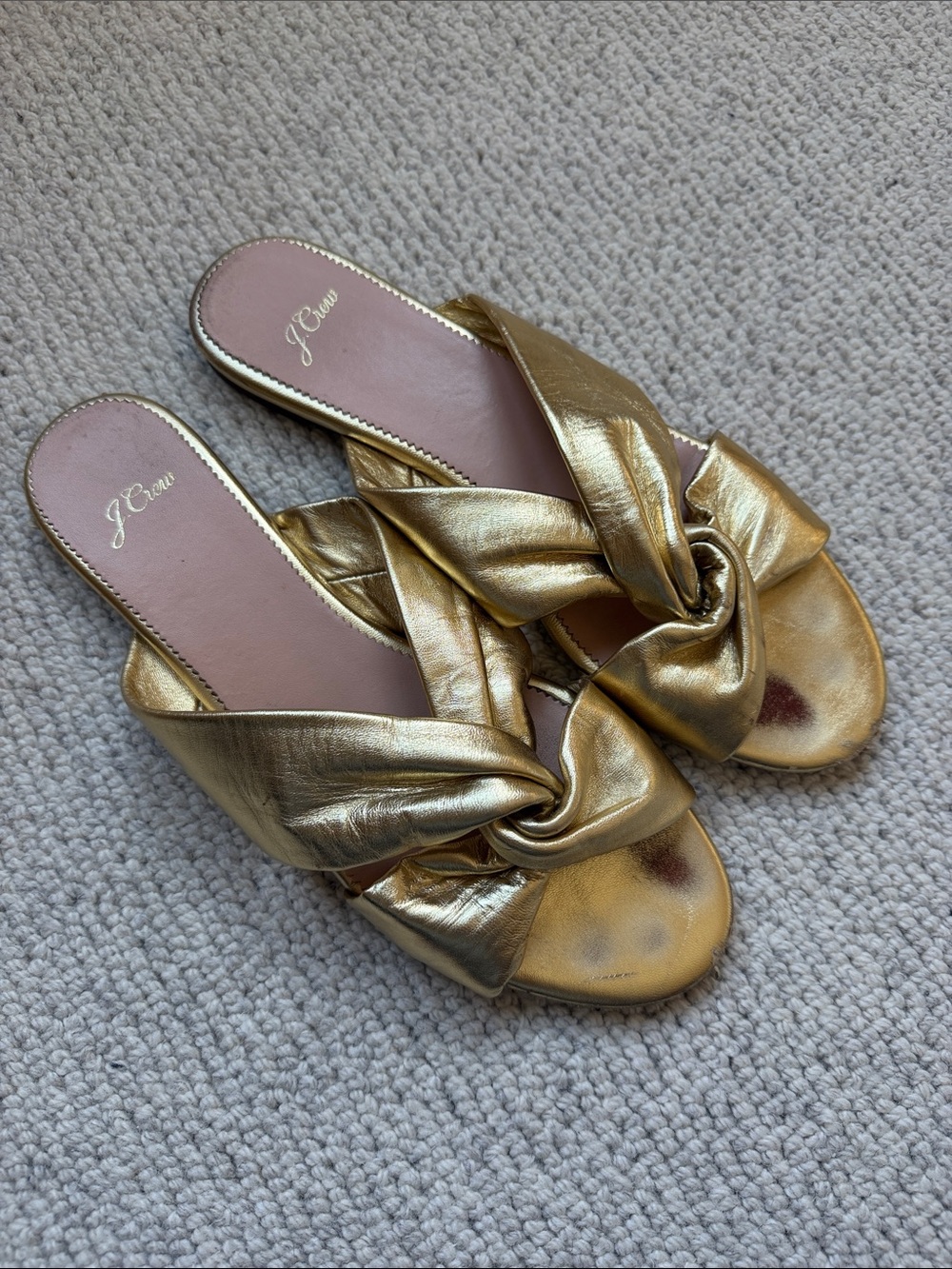 J. Crew Metallic Gold Knotted Leather Slide Sandals